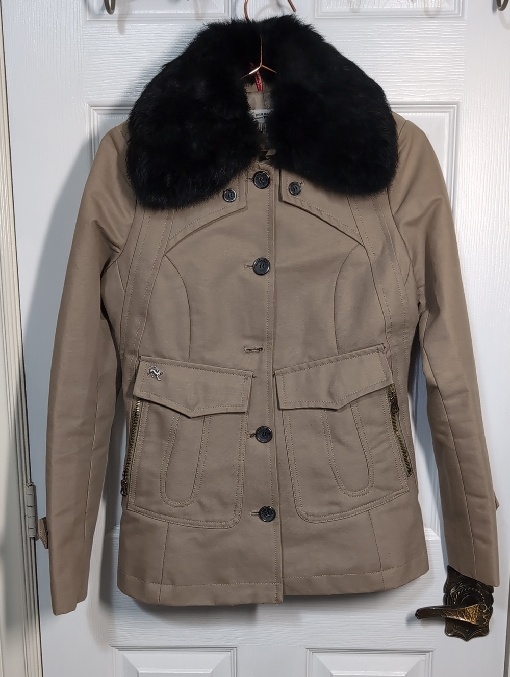 Parasuco Archive Fitted Trench Utility Jacket Fur Trim Beige Y2K - Size XS